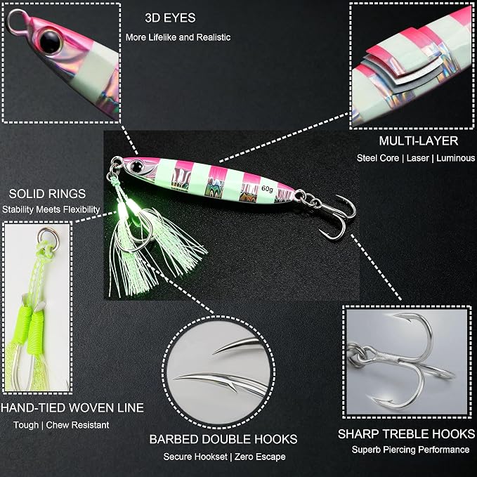 Saltwater Fishing Lures Metal Jigs Vertical Jigging Lure with Treble & Double Assist Hooks, 35-100g 6 pack Laser Glow Spoon Speed Sinking Slow Pitching Jig Offshore Targeting Tuna Mahi-Mahi Yellowtail