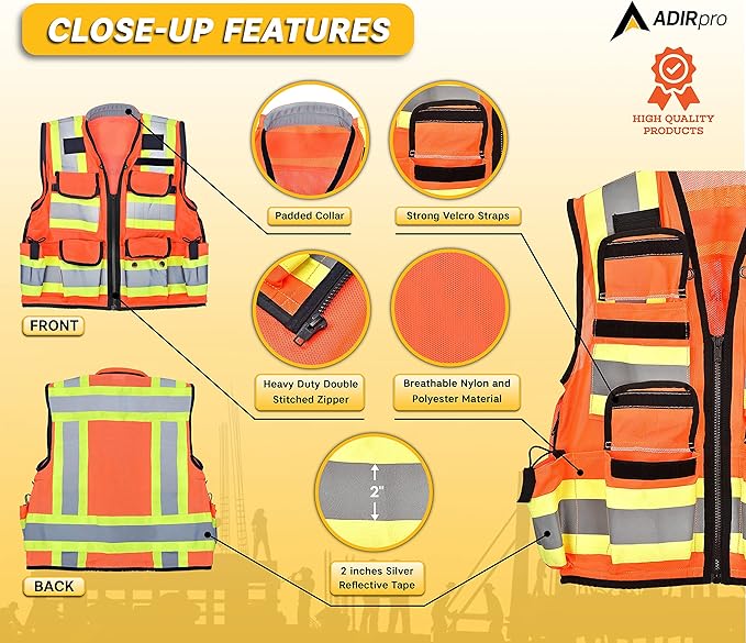AdirPro Surveyor Safety Vest with Pockets - High visibility Reflective Construction Vest