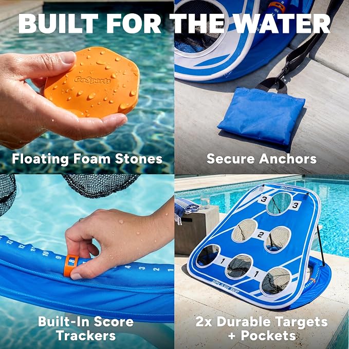 GoSports Splash Skip Floating Pool Cornhole Game – Stone Skipping Swimming Pool Game for Adults & Family – Water Cornhole Game for Pools & Lakes