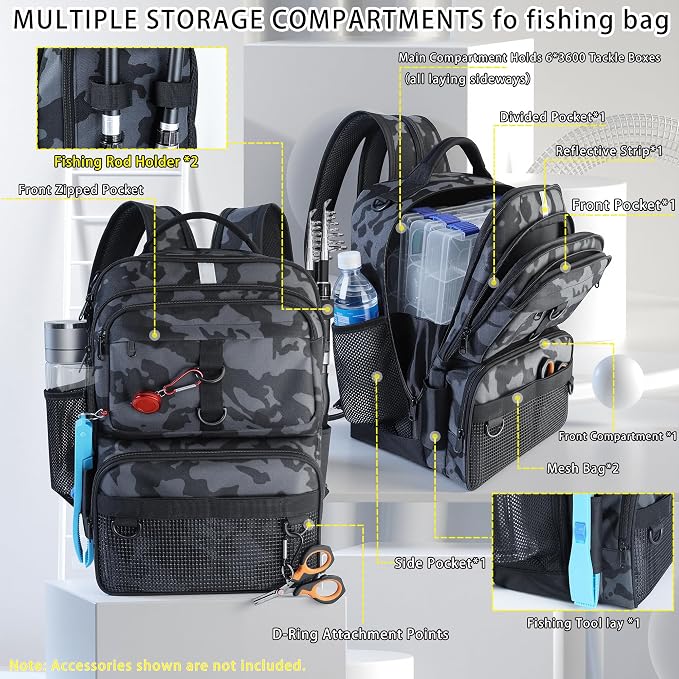 Fishing Backpack with Tackle Boxes and Rod Holder, 24L Fishing Sling Bag with Fishing Lures Kit, Fishing Gear Bag Gifts for Men Women - Black Camo Backpack