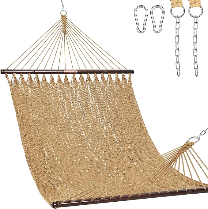 Lazy Daze Hammocks 10.5 FT Double 2 Person Caribbean Rope Hammock, Hand Woven Polyester Hammock with Spreader Bars, for Outside Outdoor Backyard Patio Poolside, 450 LBS Capacity, Tan