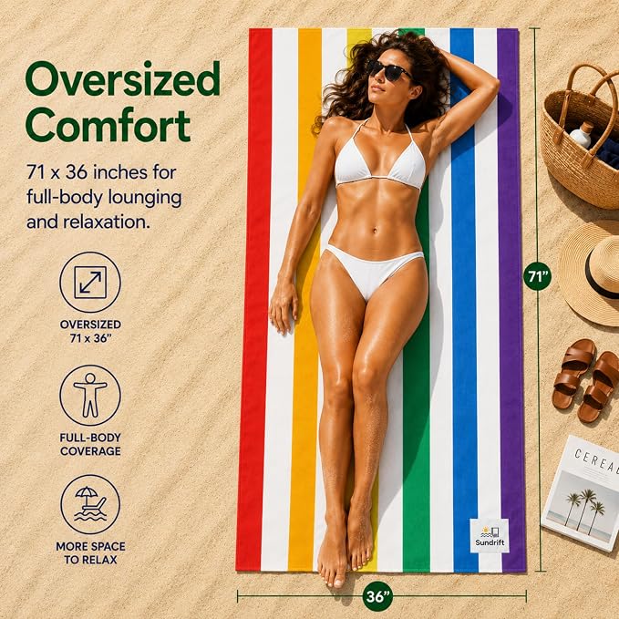 Oversized Microfiber Beach Towel 71x36 Inch, Quick Dry Sand Free Travel Towel, Lightweight Sueded Beach Blanket for Pool, Camping, Yoga & Beach Trips (Rainbow)