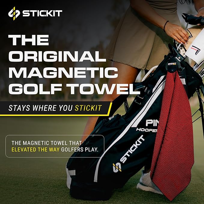 STICKIT Magnetic Golf Towel - Ultra-Absorbent Waffle Weave Microfiber & Removable Magnet - Golf Towel with Magnet for Bags, Clubs & Carts - Removes Dirt, Grass, & Debris from Club Face - 29” x 29”