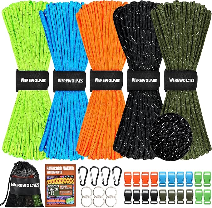 WEREWOLVES 550 Paracord Kits 100ft Each Color - 5 Colors Parachute Cord Combo 7 Strand Type III Parachute Cord 4mm for Crafting, Dog Collar, Survival Bracelets