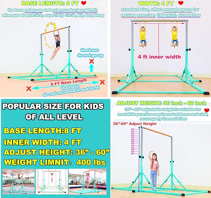 Marfula Gymnastic Bar For Kid and Teenage of 3-25, 5Ft/8 FT Base Length 4Ft Width 5Ft Adjust Height, Gymnastic Kip Bar For Gymnast, Gymnastic Training Equipment For Professional Training Home Club Use