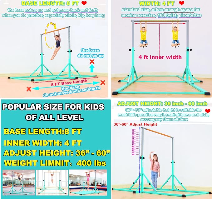 Marfula Gymnastic Bar For Kid and Teenage of 3-25, 5Ft/8 FT Base Length 4Ft Width 5Ft Adjust Height, Gymnastic Kip Bar For Gymnast, Gymnastic Training Equipment For Professional Training Home Club Use