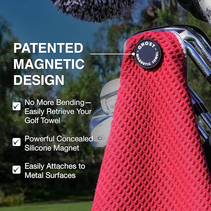 Ghost Golf Magnetic Towel (Caddie) - Premium Ultra-Absorbent Microfiber Golf Towel with Magnet for Golf Carts or Clubs - 18" x 40" Golfing Gear - Waffle Weave Pattern (Grey)