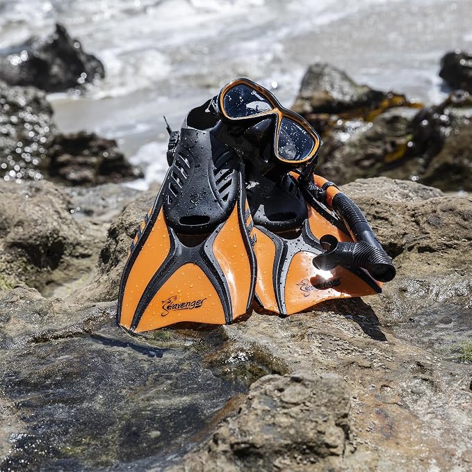 Seavenger Hanalei Anti-Fog 4-Piece Snorkeling Set with Soft-Flex Dry Snorkel, Adjustable Open-Heel Fins, Twin-Lens Mask, and Mesh Bag