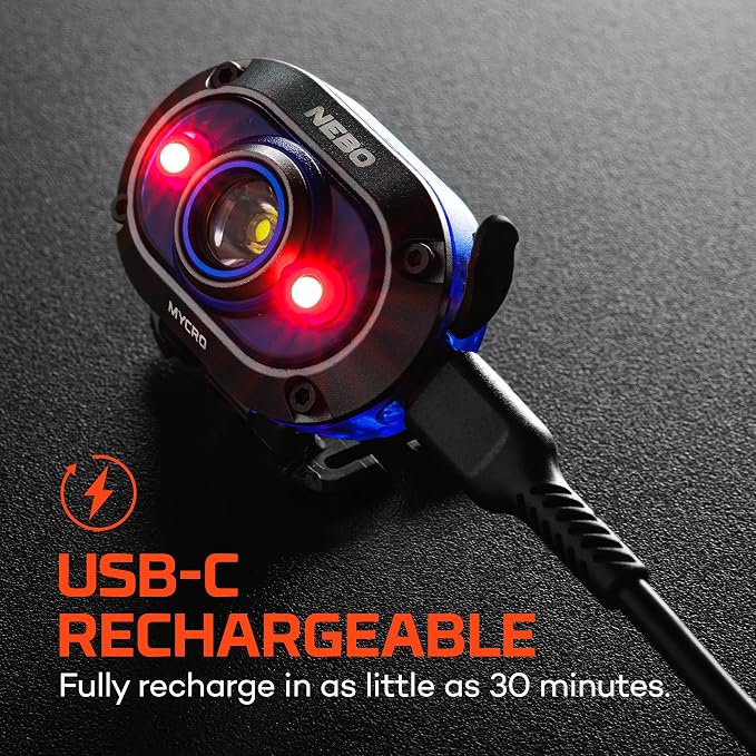 NEBO MYCRO 450 Headlamp | 450 Lumens, 6 Light Modes, White Red & Green Light, USB-C Rechargeable, Water Resistant, Adjustable Strap, Cap Light Convertible, Bright Light for Camping & Hiking – Blue