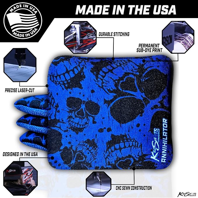 Killshots Cornhole | Annihilator Series | Limited Edition | Premium Cornhole Bags | Double-Sided Stick & Slide | Durable | Resin Filled | Regulation 6x6, 16oz | Set of 4 (Blue Reaper)