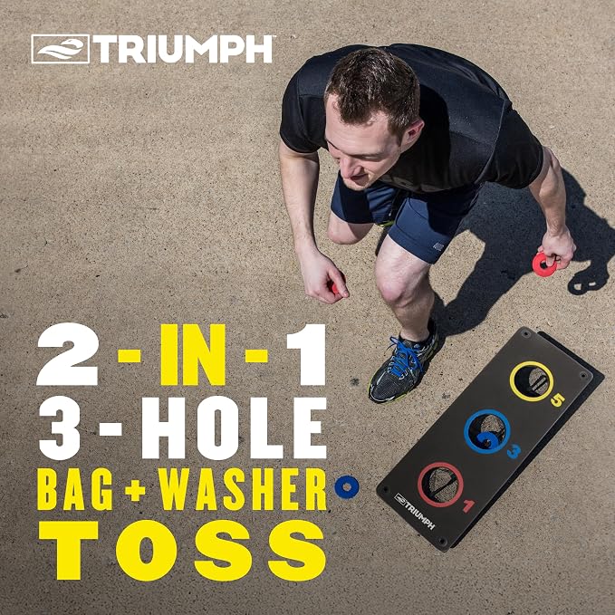 Triumph Sports 2-in-1 Bean Bag Toss Board Set with Washers & Bean Bags for Tossing, Dual-Sided Boards Feature Multi-Colored Targets & On-Board Scoring – Perfect for BBQs, Tailgating & Parties