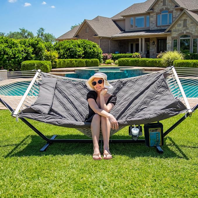 SUNCREAT Hammocks for Outside with Stand, Extra Large 2 Person Hammock with Stand, Carrying Bag, Dark Gray Drops