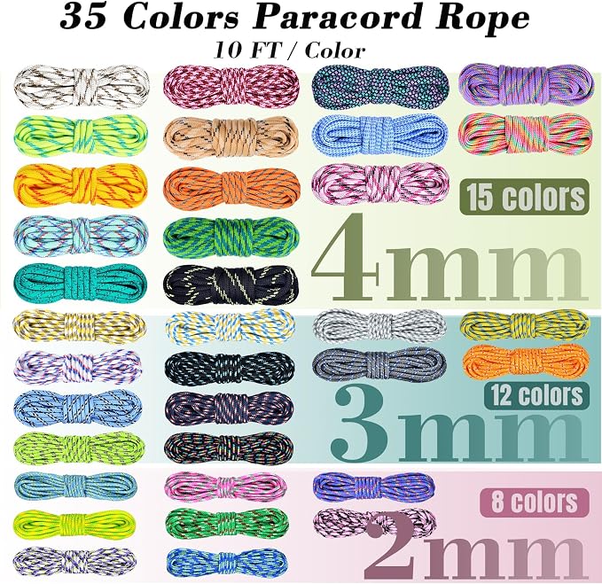 WEREWOLVES Paracord Bracelet Jig Kit - 4MM, 3MM, 2MM Parachute Combo Kit, 10FT Rope Complete Accessories and Paracord Jig Bracelet Maker (Colorful, 10FT-35 Color)