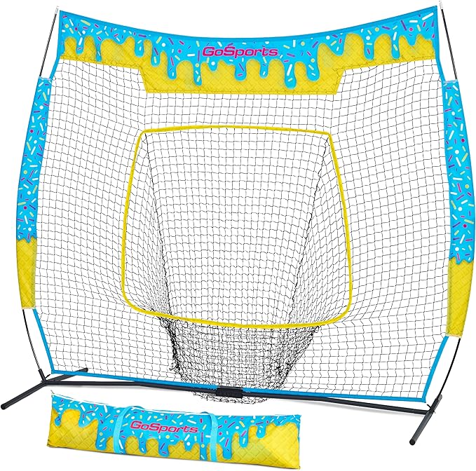 GoSports 7 ft x 7 ft Baseball & Softball Nets - Red, Black, Drip or PRO - Practice Hitting & Pitching Net with Bow Type Frame, Carry Bag and Strike Zone, Great for All Skill Levels