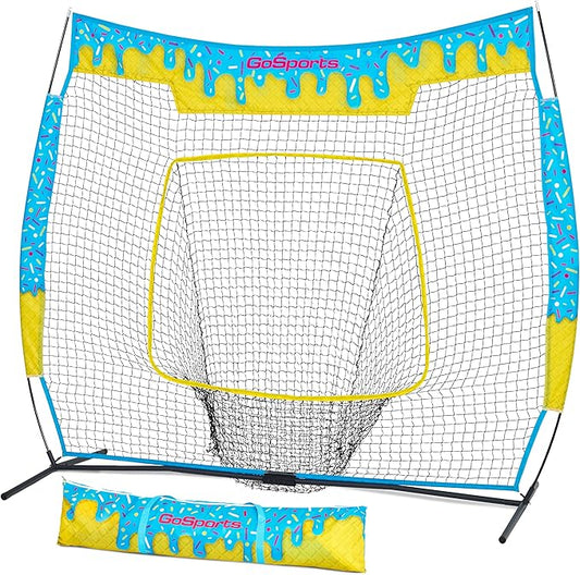 GoSports 7 ft x 7 ft Baseball & Softball Nets - Red, Black, Drip or PRO - Practice Hitting & Pitching Net with Bow Type Frame, Carry Bag and Strike Zone, Great for All Skill Levels
