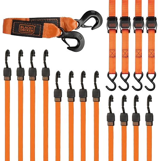 BLACK+DECKER 17-Piece Tow & Secure Tie Down Kit | 2" x 20' x 9,000 lbs Recovery Tow Strap with Clip Hooks, 1" x 10' Deluxe Cam-Buckle Straps, 24", 36", 48" Flat Bungee Straps