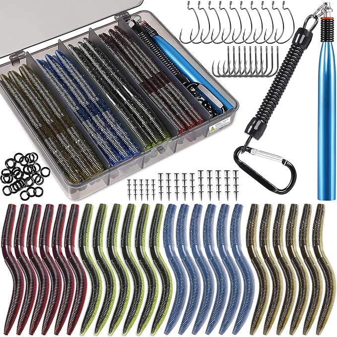 PLUSINNO Wacky Worm Fishing Lure Kit, Soft Plastic Fishing Lures, Grub Baits Hook Wacky Rig Bass Trout Fishing Worms Lures w/Tackle Box