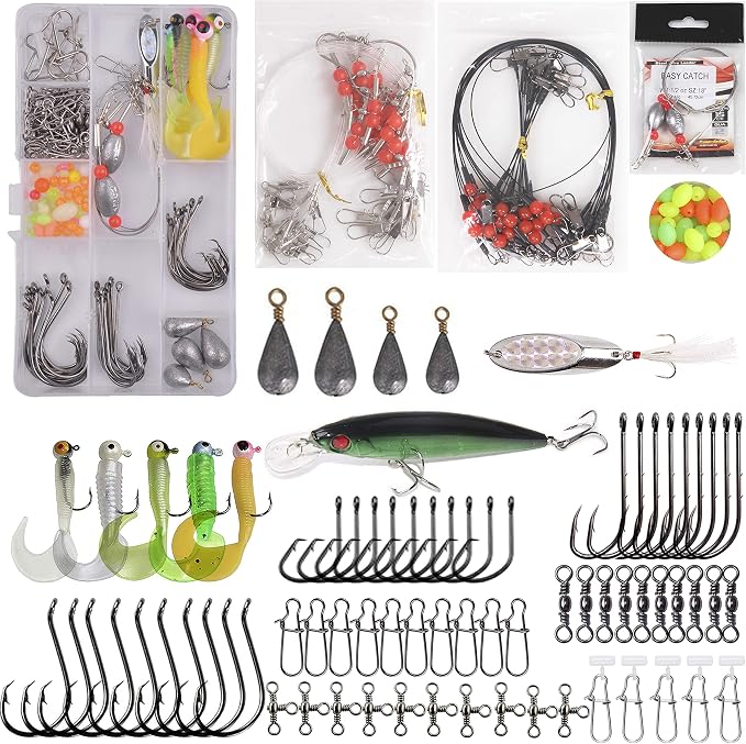 Saltwater Fishing Tackle Kit with Tackle Box Includes Surf Fishing Leader Rigs, Swimbait Lures, Hook Swivels, Fish Finder Rig, Sinker Weights, Fishing Gear and Equipment, Gift for Men