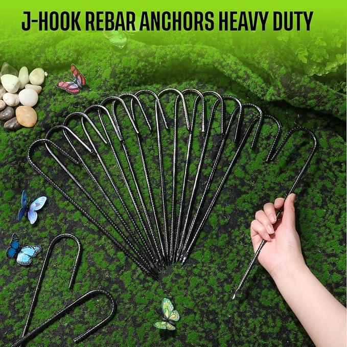 Gisafai 200 Pcs 12 Inch J Hook Rebar Stakes, Garden Ground Stakes Heavy Duty Tent Ground Anchors Steel Plant Support Stake Long Straight Metal Spikes with Chisel Point End for Concrete Timber