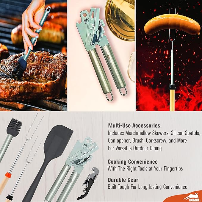 BOMKI Grilling & Camping Cooking Utensils - BBQ & Camp Kitchen Set - Cookware Accessories - Camping Essentials (Blue Pro)