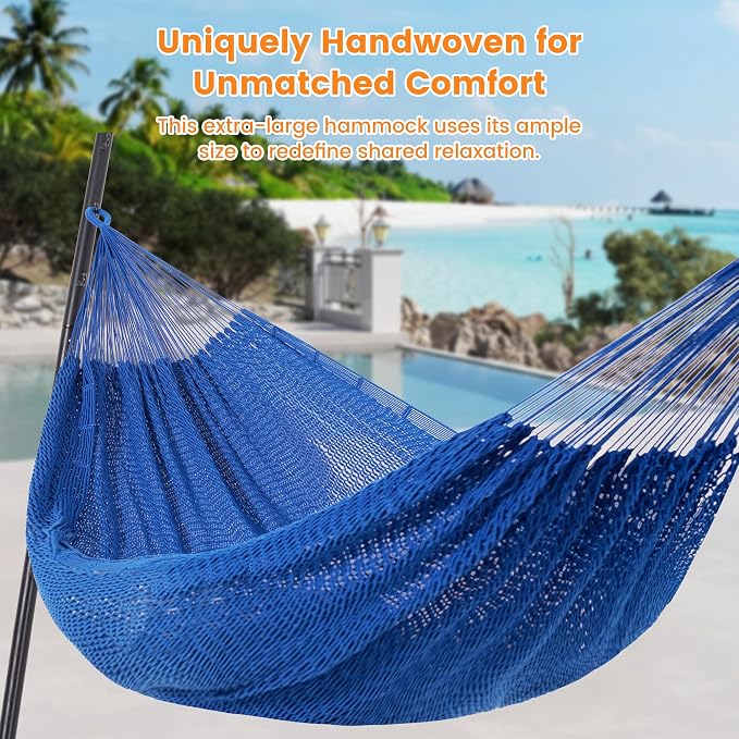Lazy Daze Hammocks Handwoven XL Mayan Hammock, 10.5 FT Soft Rope Double Hammocks, Portable Outdoor Hammock with Carry Bag, 2 Straps & Carabiners for Patio Outside, 550 lbs Weight Capacity, Blue