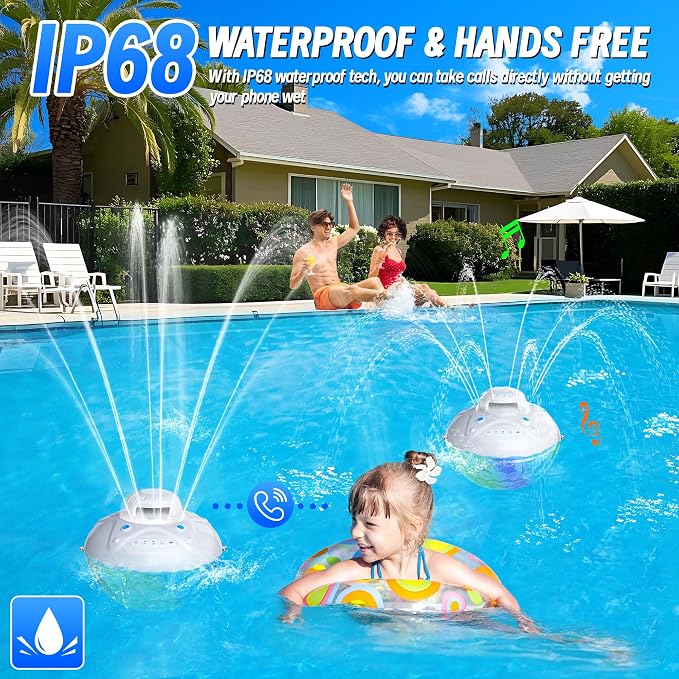 KingSom 3 in 1 Bluetooth Pool Speaker with Pool Fountain Light, Floating Pool Speaker for Pool, IP68 Waterproof Hot Tub Speakers, Loud Sound, BT5.4,24H Playtime Pool Water Fountain, White