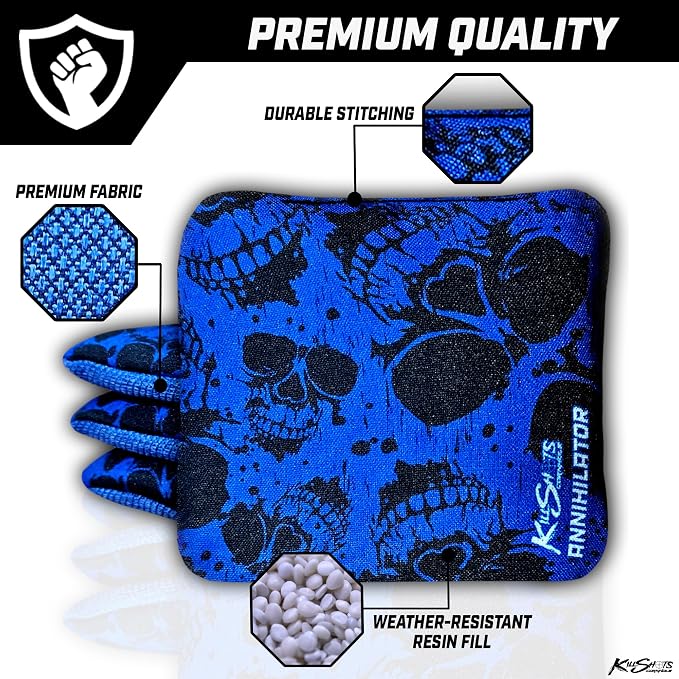 Killshots Cornhole | Annihilator Series | Limited Edition | Premium Cornhole Bags | Double-Sided Stick & Slide | Durable | Resin Filled | Regulation 6x6, 16oz | Set of 4 (Blue Reaper)