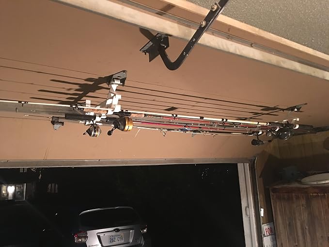 Storage Rack for Garage Doors with Hooks for Fishing Rods, Kayak Paddles and More