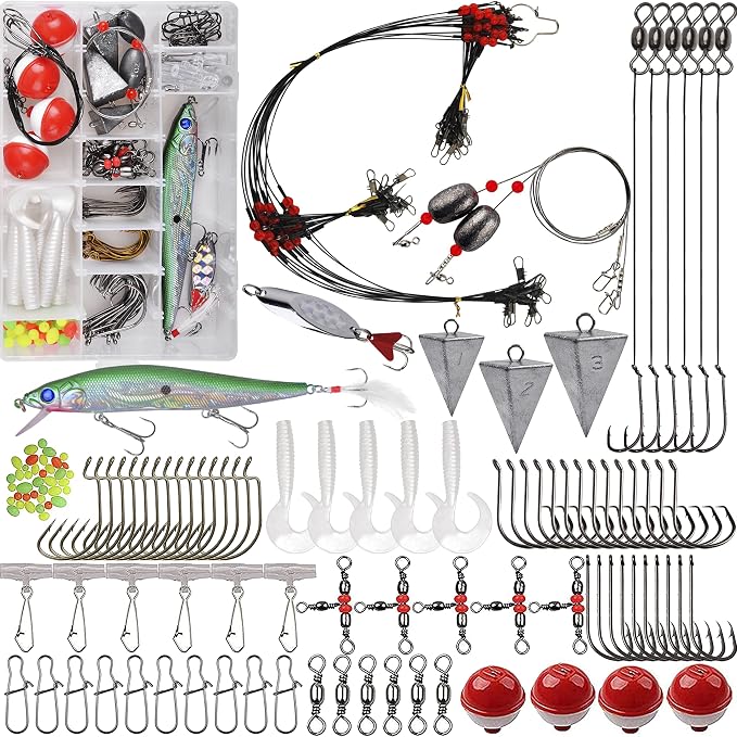 Saltwater Fishing Tackle Kit,131pcs Surf Fishing Gear with Saltwater Fishing Lures Fish Finder Rigs Pyramid Sinkers Hooks Swivels Wire Leaders Spoon Lure Bobbers Various Accessories