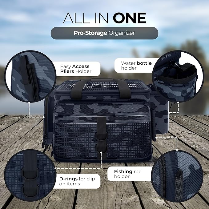 Reaction Tackle Fishing Tackle Bag - Water Resistant Camo Tackle Bag with Padded Shoulder Strap, D Ring Hanger, Suitable for 3600 Storage Boxes, Compression Molded Waterproof Non-Slip Bottom