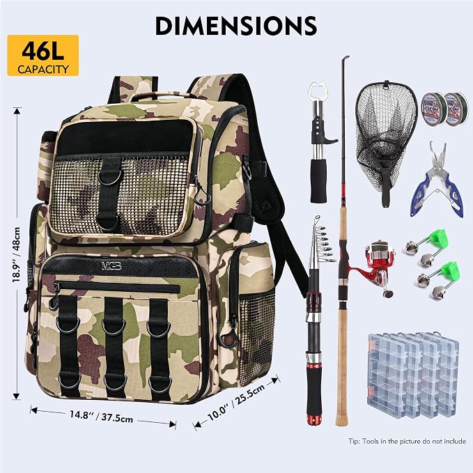 MGB 46L Fishing Tackle Backpack with 2 Rod Holders & YKK Zipper Storage Fishing Gear and Equipment, Gifts for Men Father