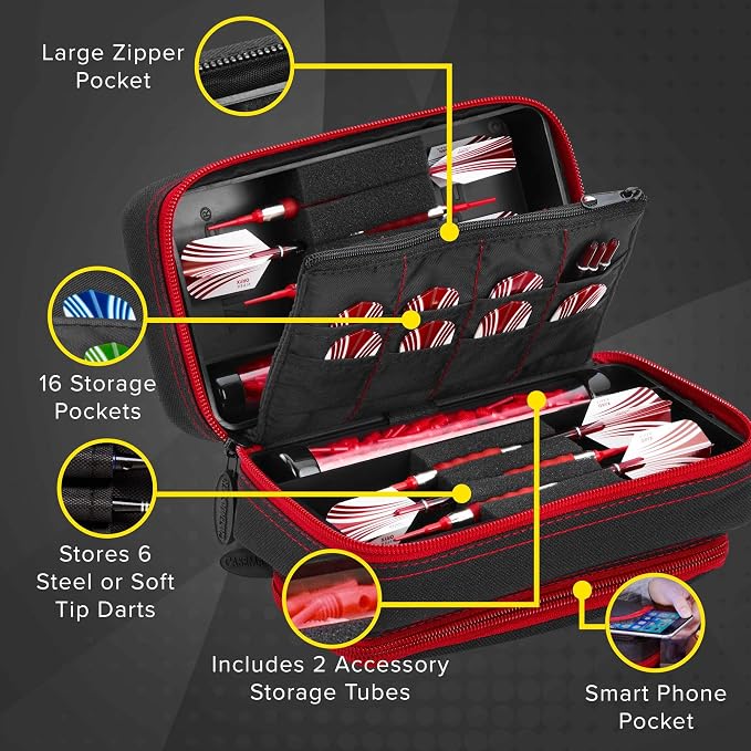 Casemaster Plazma Pro, 6 Dart Case for Soft and Steel Tip Darts, Features Large Front Mobile Device Pocket, Built-In Storage Tubes and Pockets for Flights, Tips, Shafts, and Personal Items