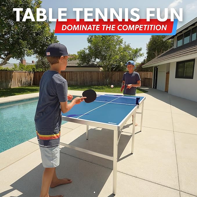 GoSports Mid-Size Table Tennis Game Set - Red or Blue - Indoor/Outdoor Portable Table Tennis Game with Net, 2 Table Tennis Paddles and 4 Balls