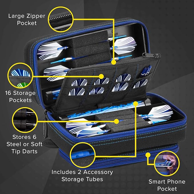 Casemaster Plazma Pro, 6 Dart Case for Soft and Steel Tip Darts, Features Large Front Mobile Device Pocket, Built-In Storage Tubes and Pockets for Flights, Tips, Shafts, and Personal Items