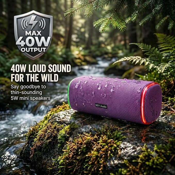 40W Bluetooth Shower Speaker, IPX7 Waterproof Floating Pool Speaker with Interactive Tap-to-Play Drum Beats, 25H Playtime, LED Lights, Built-in Mic for Hands-Free Calls in Bathroom, Purple