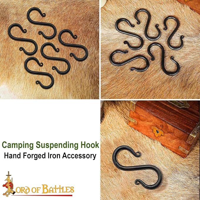 Lord of Battles Hand Forged Iron S-Hooks Set of 10 - Black S-Shaped Heavy Duty Hanging Hooks for Kitchen Utensils, Pots & Pans, Camping, Garden & Rustic Decor