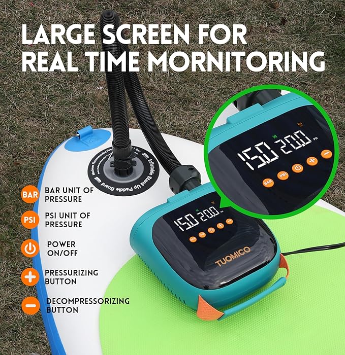 20PSI Paddle Board Pump Sup Air Pump Electric Portable Inflator & Deflator, Auto-Off, Mini Compressor for Inflatable Stand-up Paddleboard Kayak Wing Kite with 12V DC Car Plug-in Adapter