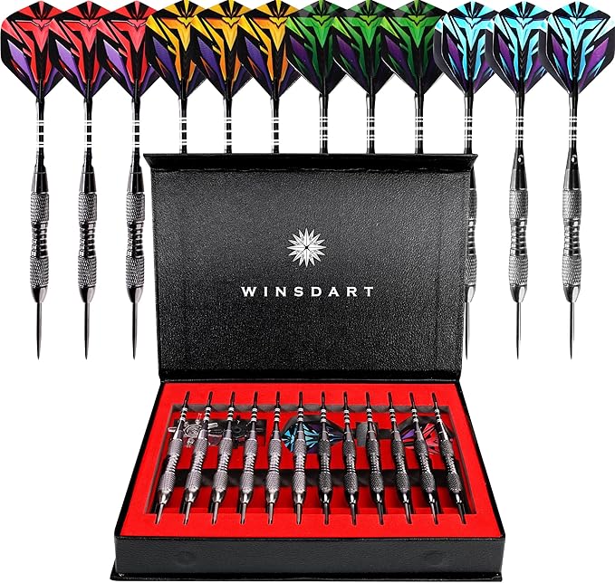 WINSDART Steel Tip Darts 12 Pack Set with Nonslip Iron Barrel Aluminum Dart Shafts and Flights Darts Sharpener an Gift Box