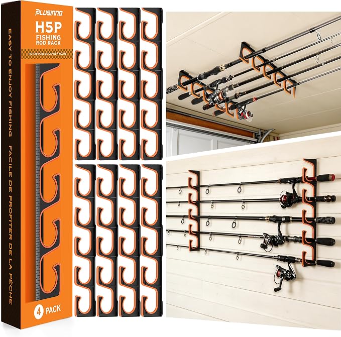 PLUSINNO H5P Fishing Rod/Pole Holders for Garage, Fishing Rod Holder Ceiling or Wall Mounted Rod Rack, Fishing Gear Equipment Storage Organizer Holds up to 20 Rods or Combos or Nets