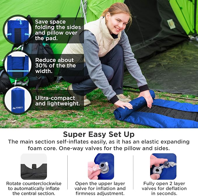 IFORREST Camping Pad with Armrest & Pillow - Self-Inflating Air Mattress, Rollover Protection, Ultra-Comfortable Mat, Lightweight for Tent, Cot, Backpacking(L/XL)