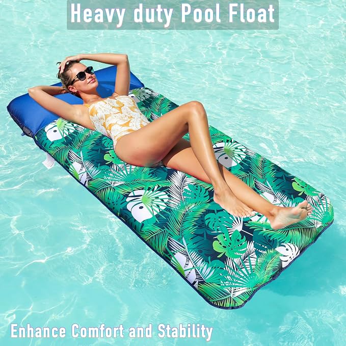 FindUWill Oversized Pool Float Lounge, 72" X 37" Extra Large Fabric-Covered Pool Floats for Adults, Inflatable Contour Lounger with Headrest Ultra-Comfort Cooling Pool Raft (XL, Monstera)