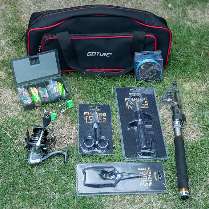 Goture Fishing Rod and Reel Combos, 2.4M Carbon Fiber Telescopic Fishing Pole with Spinning Reel, Lures Set, 900D Carrier Bag, Travel Full Kit for Freshwater Saltwater, Beginners & Anglers