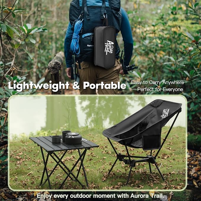 AuroraTrail Ultralight Backpacking Camping Chair – Only 2.7 lb, Supports 330 lb, Compact Folding Outdoor Seat with Carry Bag, 7075 Aluminum Frame for Hiking, Camping & Festivals (Black)