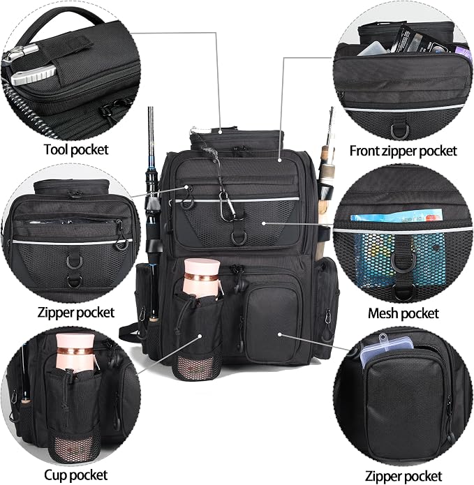 Fishing Tackle Backpack With Rod Holders, Large 40L Fishing Backpack for Camping, Hiking
