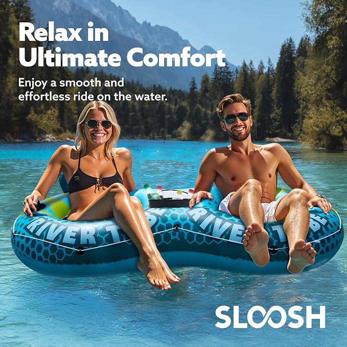 SLOOSH 2-Person Inflatable River Tube - Heavy Duty River Run Tubes Pool Lake Floats for Adults, Large Floating Raft Lounge Above Water Floaties with 2 Cup Holders & Removable Cooler