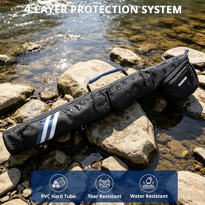 PEKREWS Fly Rod Case, 30.5" Fishing Rod Bag Fit 9' 4-Piece Fly Rod and Reel with 2 Side Pockets, Padded Reel Pouch, Hard Travel Fly Rod Tube with Shoulder Strap, Fishing Pole Holder For Angler, Blue