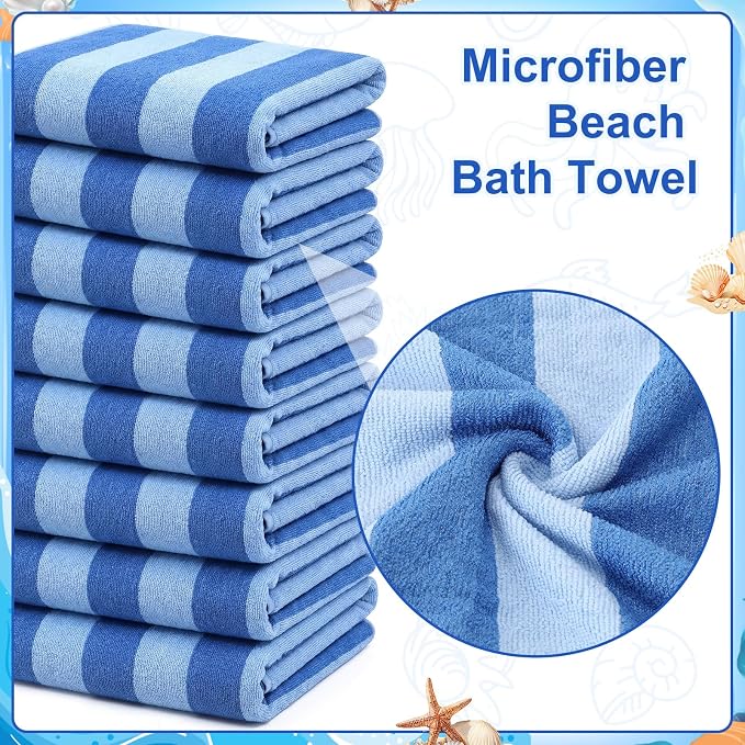 Gilprop 8 Packs Oversized Stripe Beach Towels XL L Microfiber Clearance Pool Towels with Bags Clips Soft Absorbent Quick Dry Camping Swim Towel for Adult Women Men Travel Family (60×30 in,Blue)