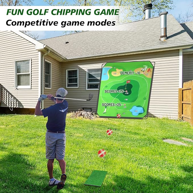 BaiYuan 71''x71'' Golf Chipping Game Set for Dads & Junior Golfers, Indoor, Outdoor Backyard & Lawn Fun with 2 Golf Clubs, 24 Sticky Balls, Putting Mat & Carry Bag, Family Yard Target Game