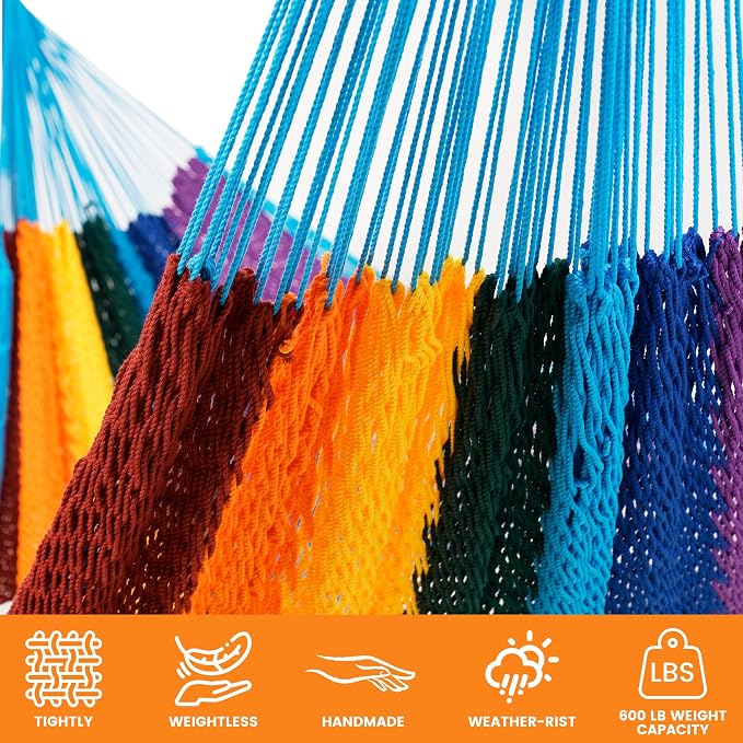 Lazy Daze Hammocks Handwoven XL Mayan Hammock, 10.5 FT Soft Rope Double Hammocks, Portable Outdoor Hammock with Carry Bag, 2 Straps & Carabiners for Patio Outside, 550 lbs Weight Capacity, Rainbow