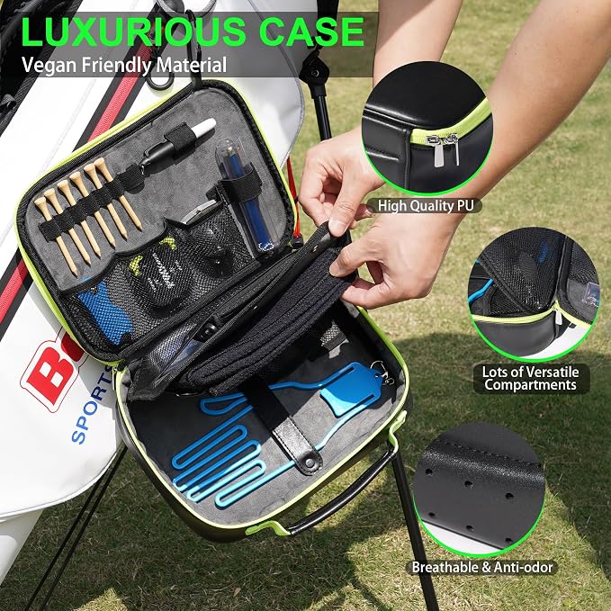 GAIARENA Golf Essential Accessories Kit with Luxury Carrying Case Bag, Golf Gift for Golfers, Golf Ball Liner Towel Cleaning Brush Divot Repair Tool Club Groove Sharpener